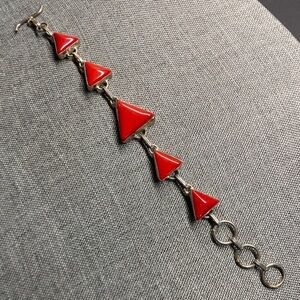 Vintage 925 Sterling Silver Red Triangle Link Bracelet | Adjustable